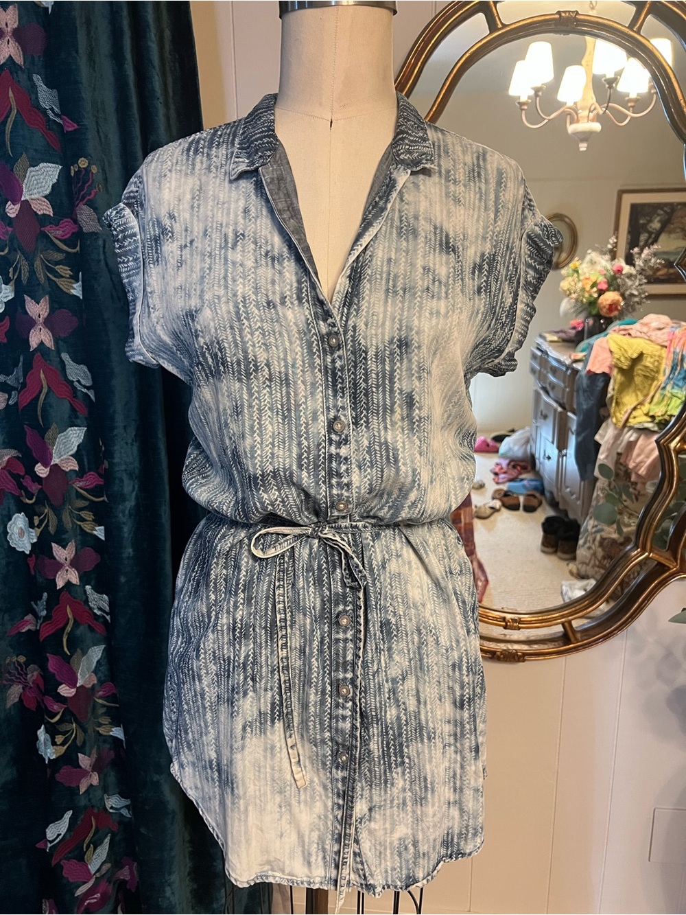 Light Blue Washed Denim Shirt Dress with Tie Waist tencel fabric